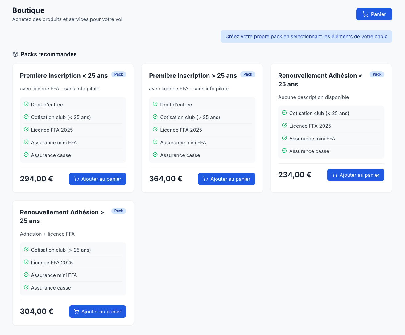 Créations de packs pour faciliter la gestion des cotisations