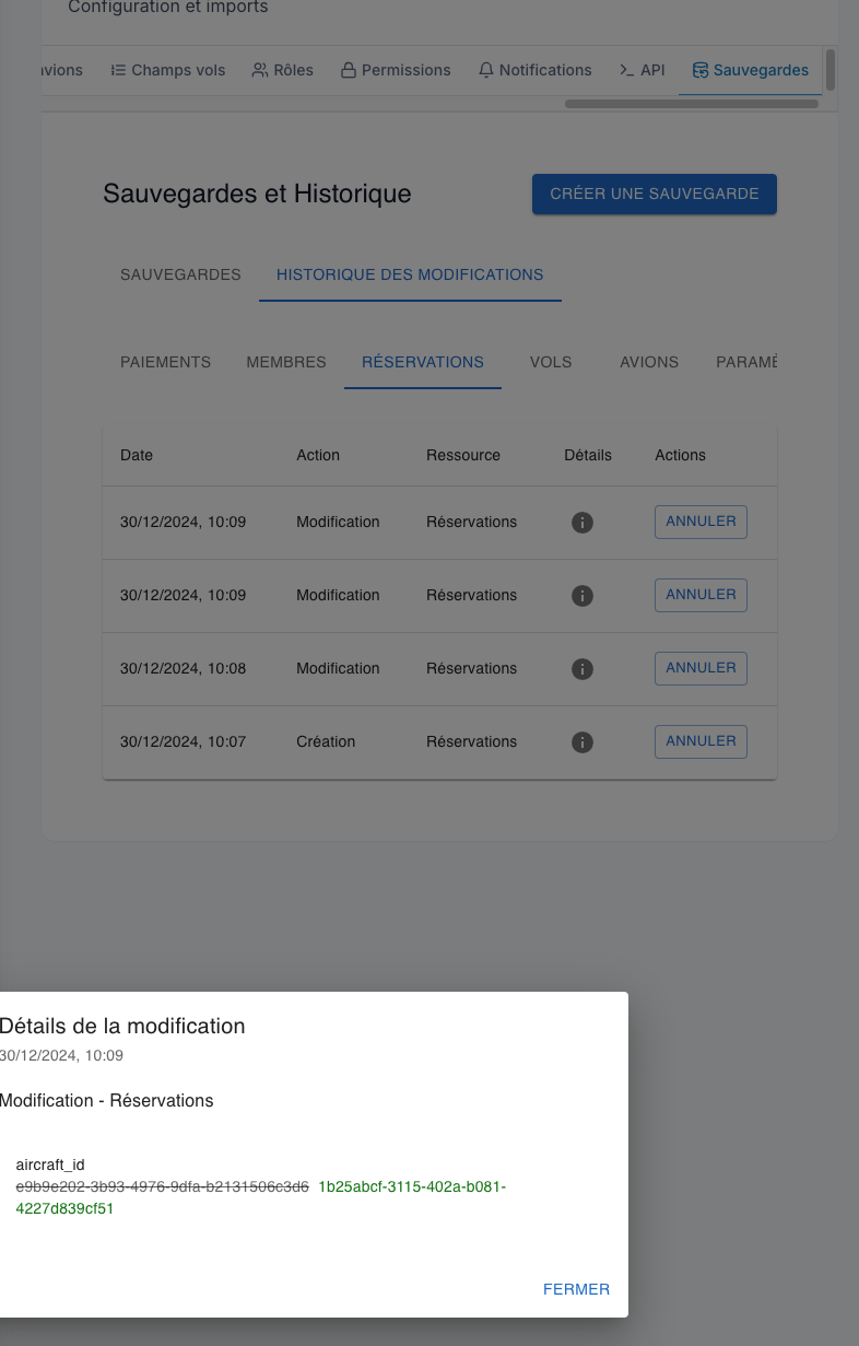Historique des modifications et sauvegardes